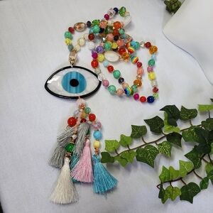 Unique Long Mixed Media Bead Evil Eye Pendant Necklace New